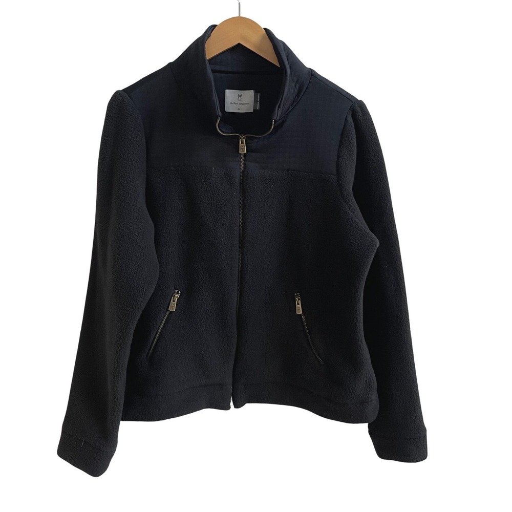 Dudley Stephens Fleece Jacket Women XL Black Preppy Full Zip Stand Collar Yoke
